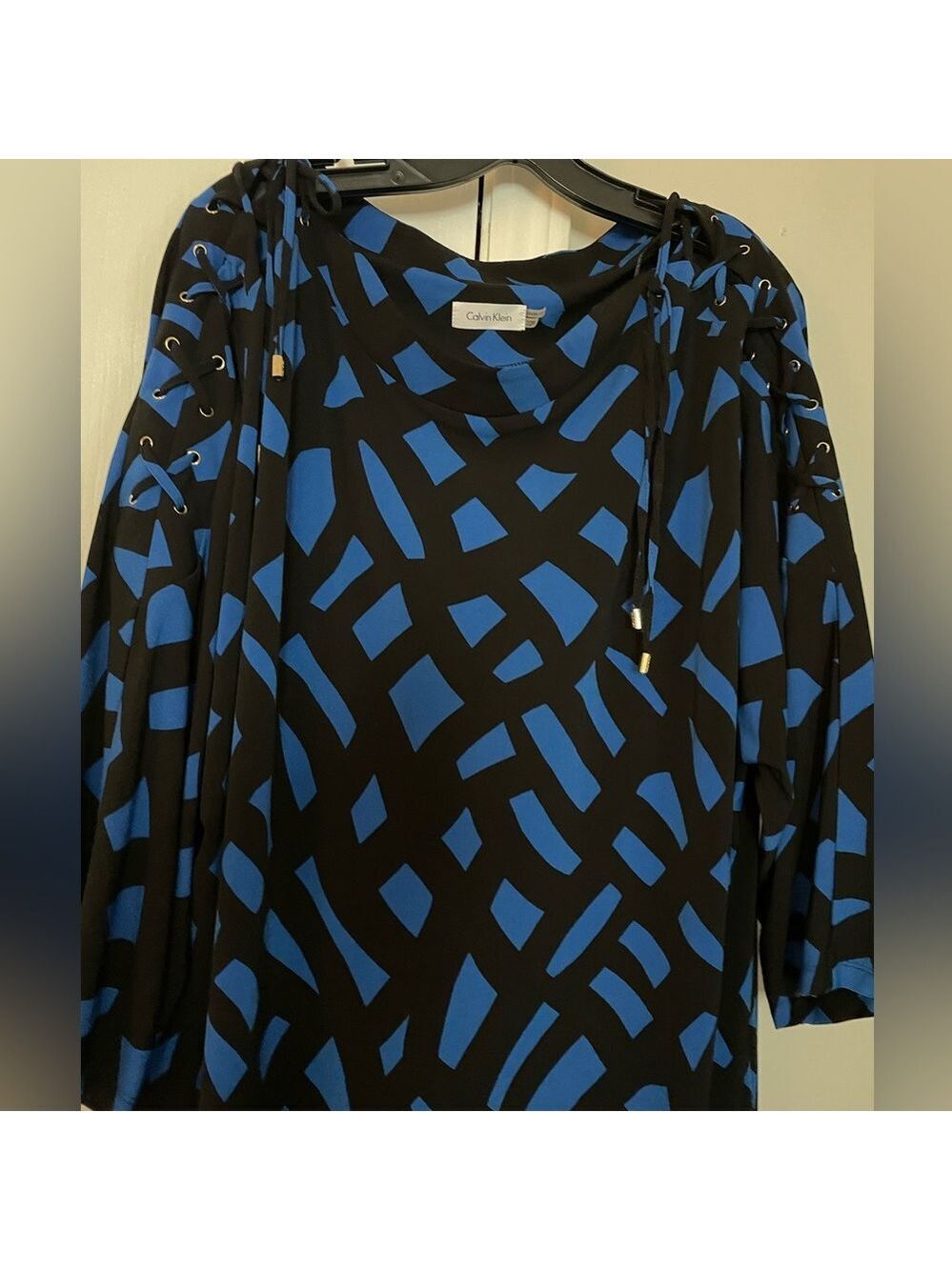 Calvin Klein Black Blue Abstract Print Shift Dress Long Sleeve - Picture 10 of 10